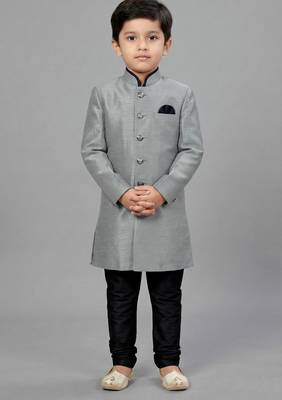 Grey festive wear designer art dupion silk blend boys-indo-western-dress 1