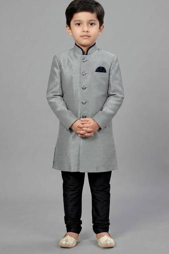Grey festive wear designer art dupion silk boys-indo-western-dress