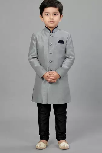 Grey festive wear designer art dupion silk boys-indo-western-dress