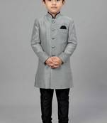 Grey festive wear designer art dupion silk boys-indo-western-dress
