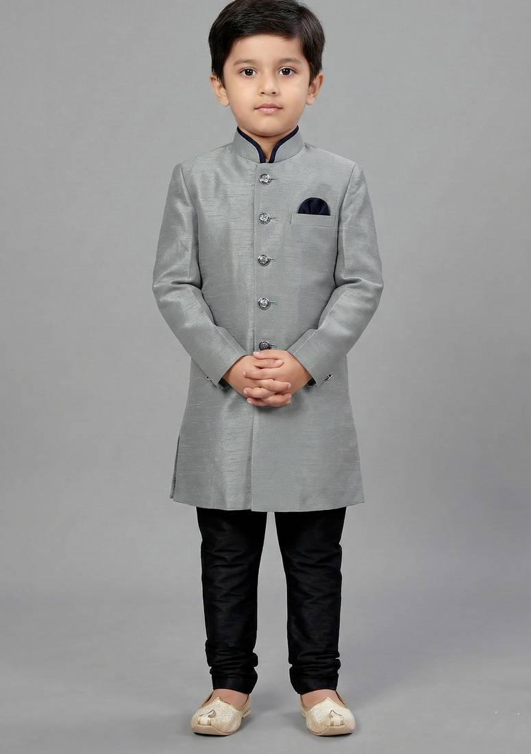 Grey festive wear designer art dupion silk boys-indo-western-dress