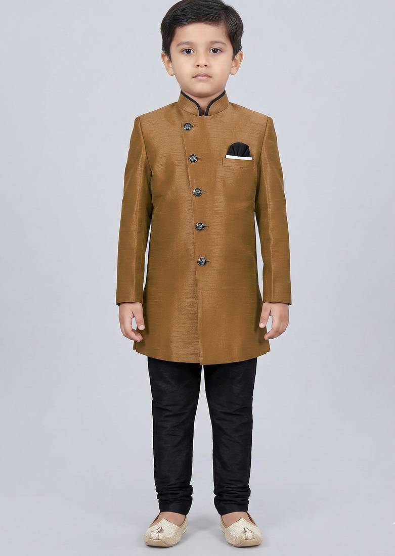 Brown festive wear designer art dupion silk boys-indo-western-dress