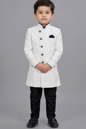 White festive wear designer art dupion silk boys-indo-western-dress