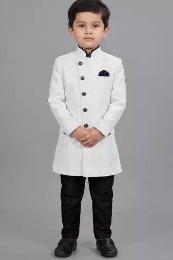 White festive wear designer art dupion silk boys-indo-western-dress