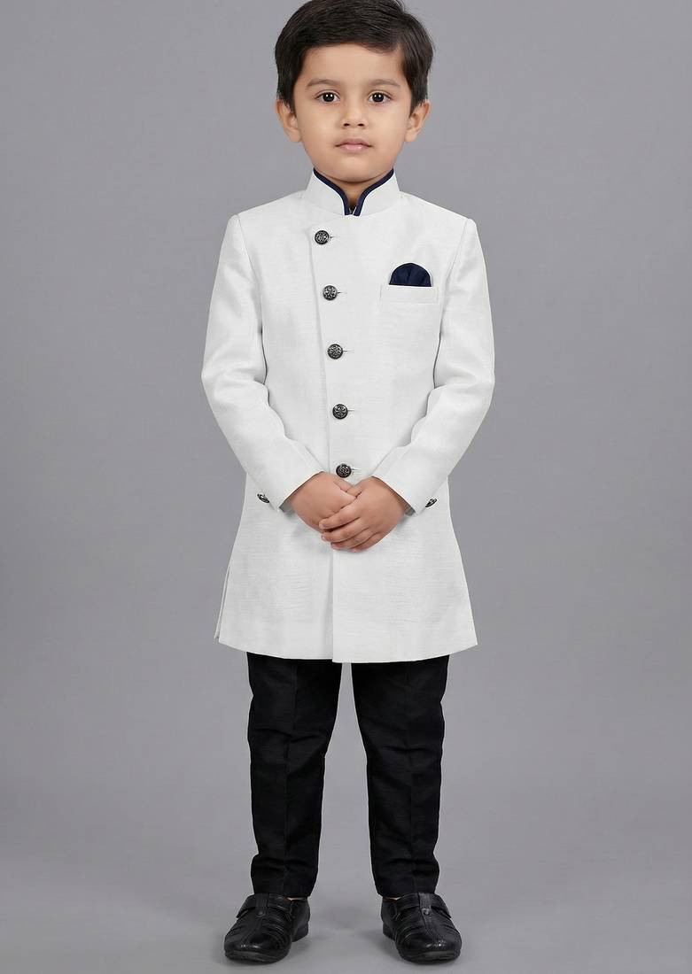 White festive wear designer art dupion silk boys-indo-western-dress