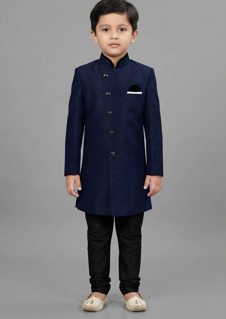 Blue festive wear designer art dupion silk boys-indo-western-dress