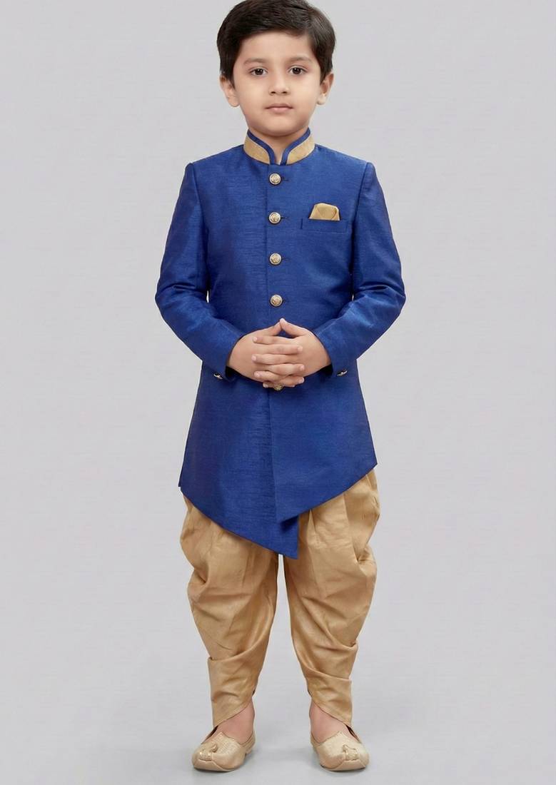 Blue festive wear designer art dupion silk boys-indo-western-dress