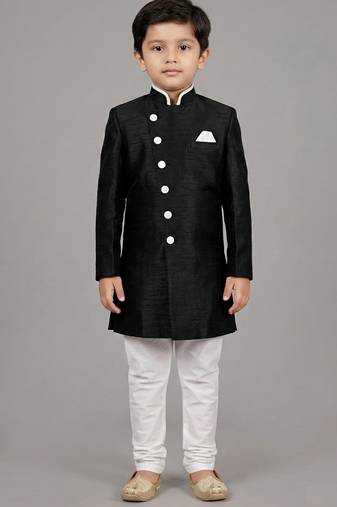 Black festive wear designer art dupion silk boys-indo-western-dress