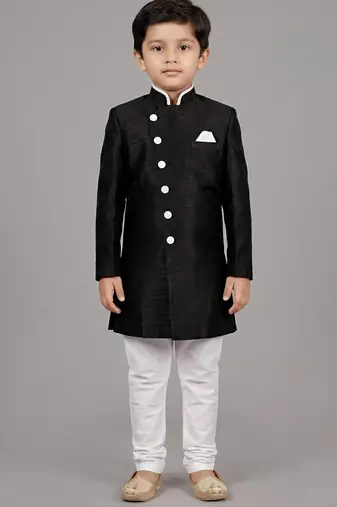Black festive wear designer art dupion silk boys-indo-western-dress