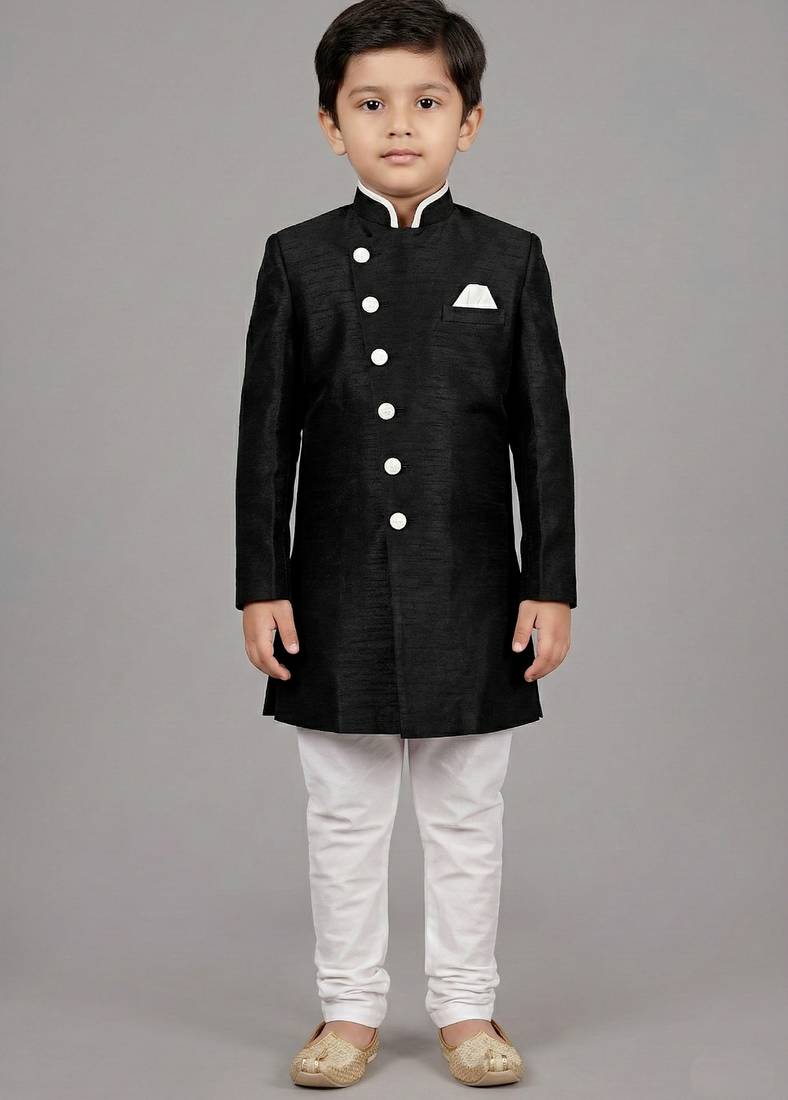 Black festive wear designer art dupion silk boys-indo-western-dress