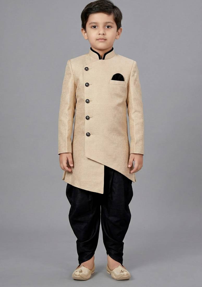 Beige festive wear designer art dupion silk boys-indo-western-dress
