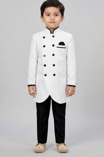 White festive wear designer art dupion silk boys-indo-western-dress