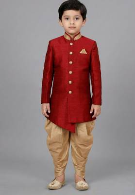 Red festive wear designer art dupion silk boys-indo-western-dress 1