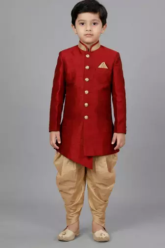 Red festive wear designer art dupion silk boys-indo-western-dress