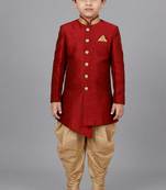 Red festive wear designer art dupion silk boys-indo-western-dress