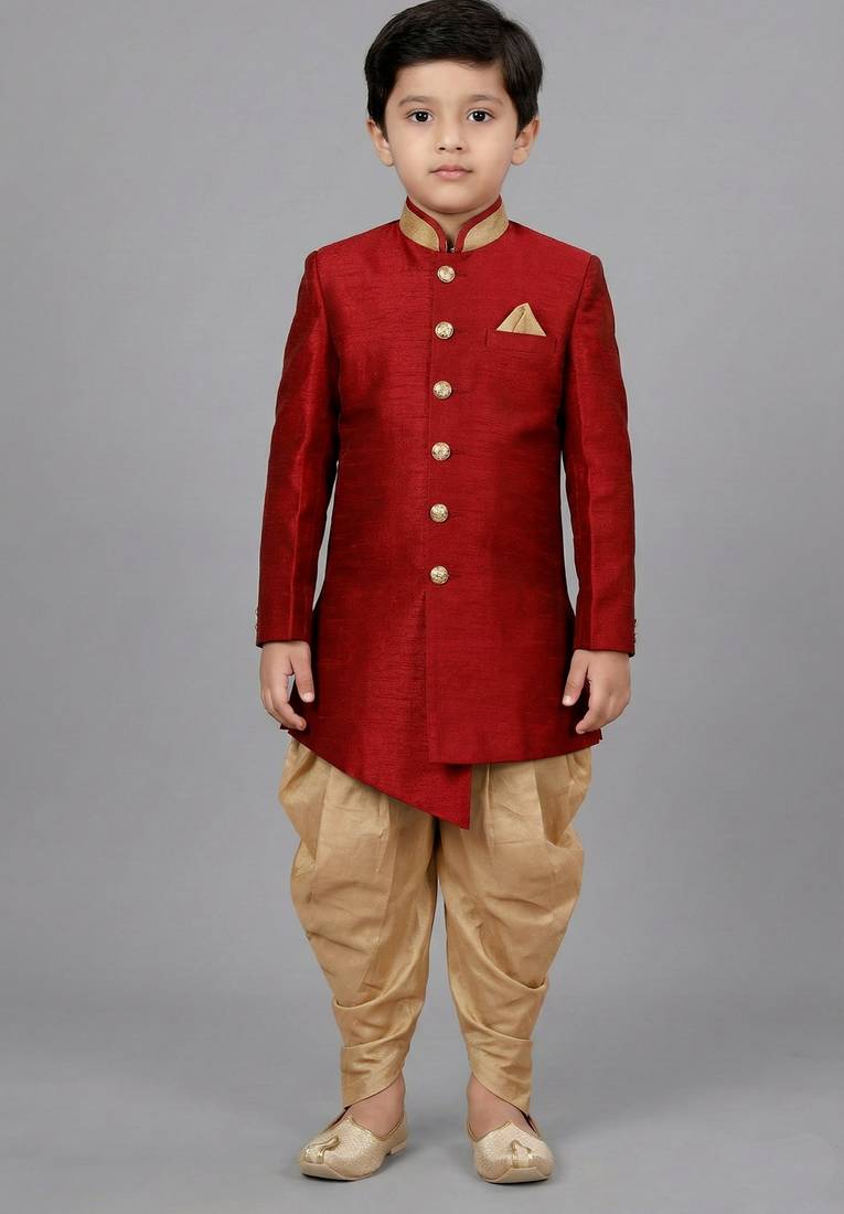 Red festive wear designer art dupion silk boys-indo-western-dress