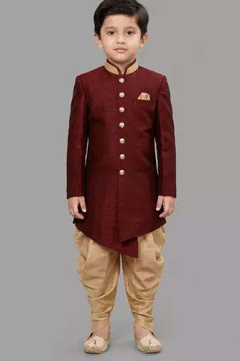 Maroon festive wear designer art dupion silk boys-indo-western-dress