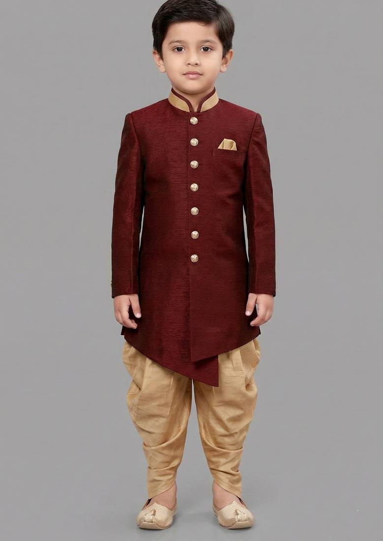 Maroon festive wear designer art dupion silk boys-indo-western-dress