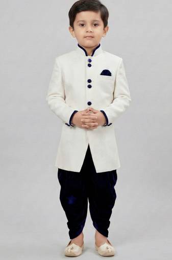 White festive wear designer art dupion silk boys-indo-western-dress