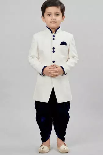White festive wear designer art dupion silk boys-indo-western-dress