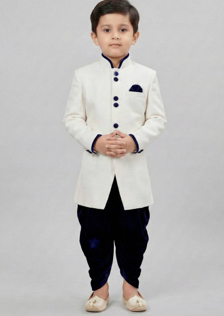 White festive wear designer art dupion silk boys-indo-western-dress