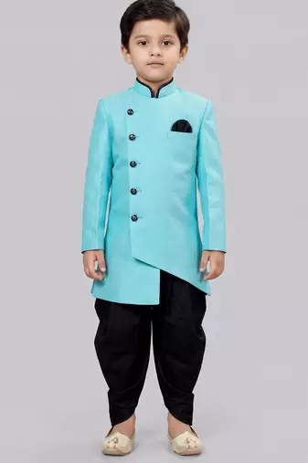 Blue festive wear designer art dupion silk boys-indo-western-dress