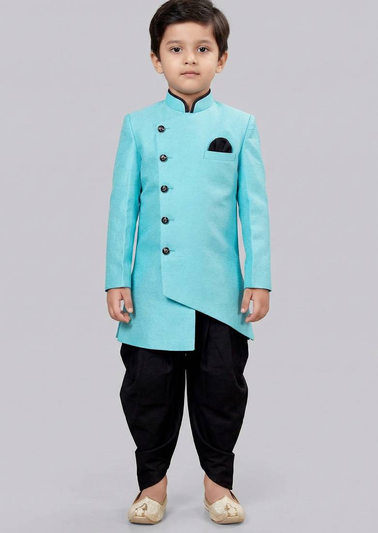 Blue festive wear designer art dupion silk boys-indo-western-dress