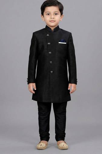 Black festive wear designer art dupion silk boys-indo-western-dress