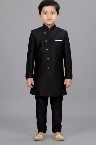 Black festive wear designer art dupion silk boys-indo-western-dress