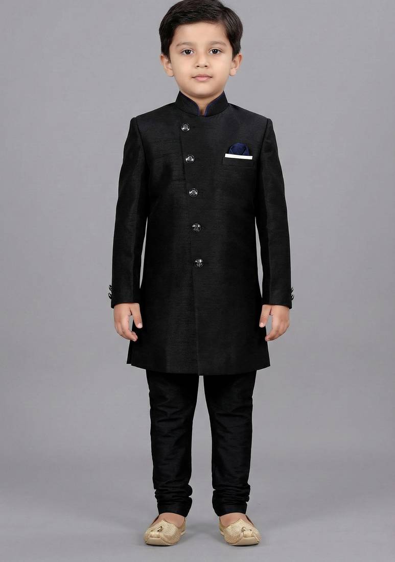 Black festive wear designer art dupion silk boys-indo-western-dress