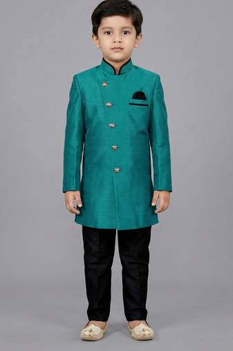 Green festive wear designer art dupion silk boys-indo-western-dress