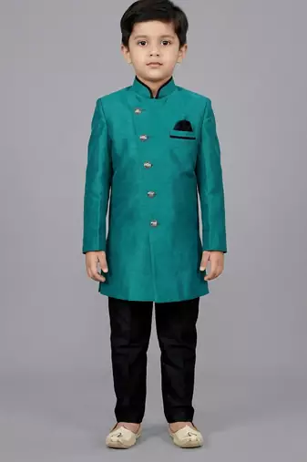 Green festive wear designer art dupion silk boys-indo-western-dress