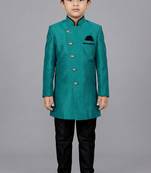 Green festive wear designer art dupion silk boys-indo-western-dress