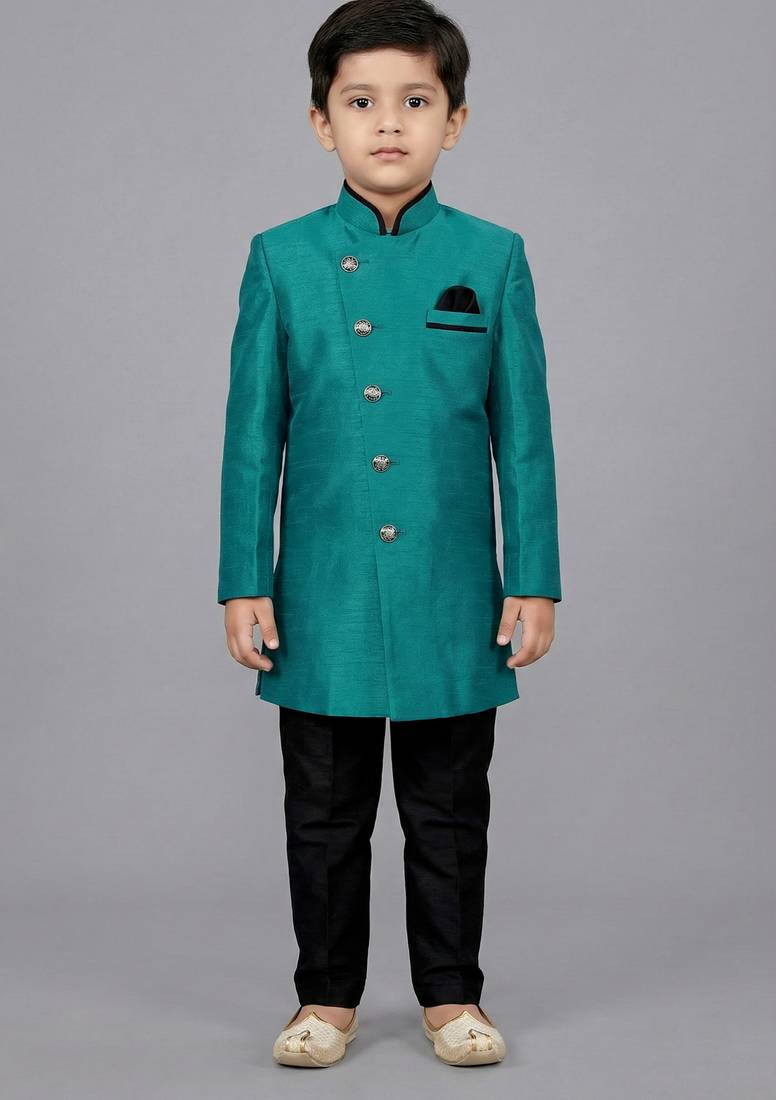 Green festive wear designer art dupion silk boys-indo-western-dress