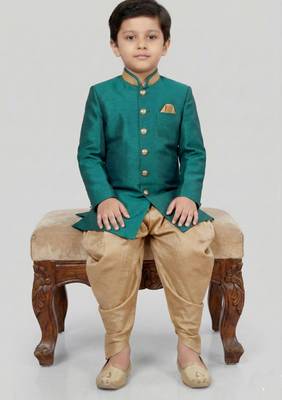 Green festive wear designer art dupion silk boys-indo-western-dress 2