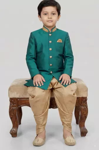 Green festive wear designer art dupion silk boys-indo-western-dress