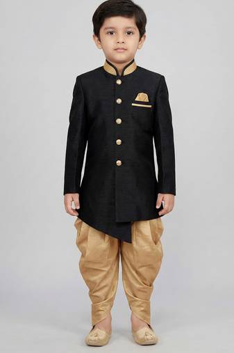 Black festive wear designer art dupion silk boys-indo-western-dress