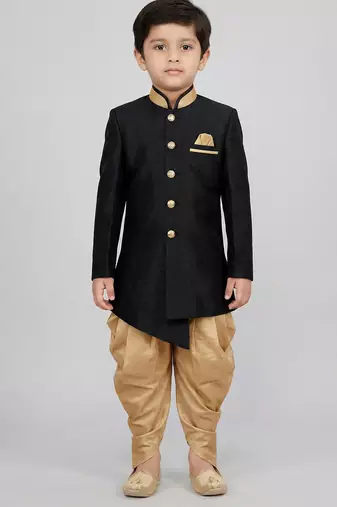 Black festive wear designer art dupion silk boys-indo-western-dress