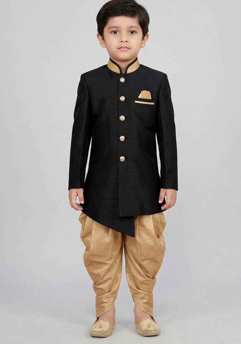 Black festive wear designer art dupion silk boys-indo-western-dress