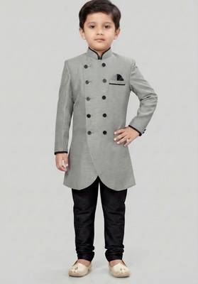 Grey festive wear designer art dupion silk blend boys-indo-western-dress 1