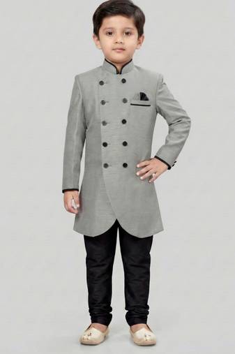 Grey festive wear designer art dupion silk boys-indo-western-dress
