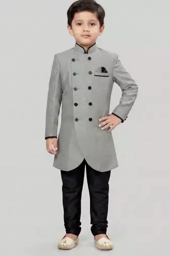 Grey festive wear designer art dupion silk boys-indo-western-dress