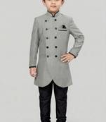 Grey festive wear designer art dupion silk boys-indo-western-dress