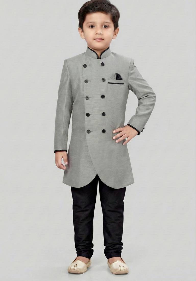 Grey festive wear designer art dupion silk boys-indo-western-dress