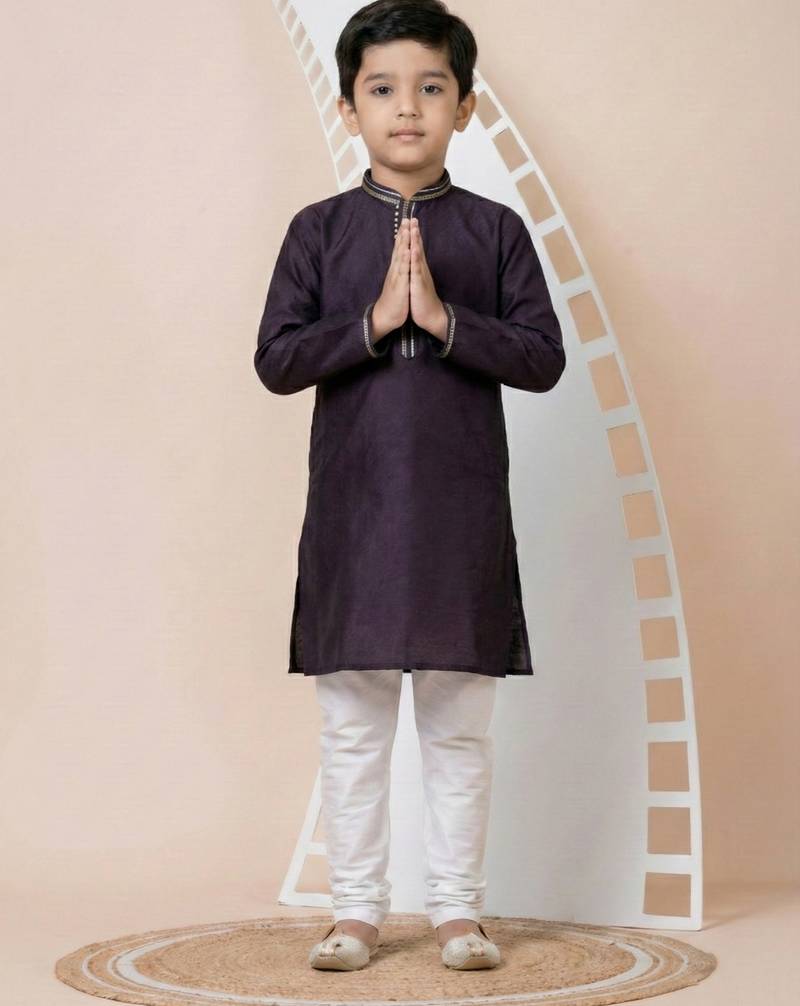 Purple festive wear designer jacquard boys-kurta-pyjama