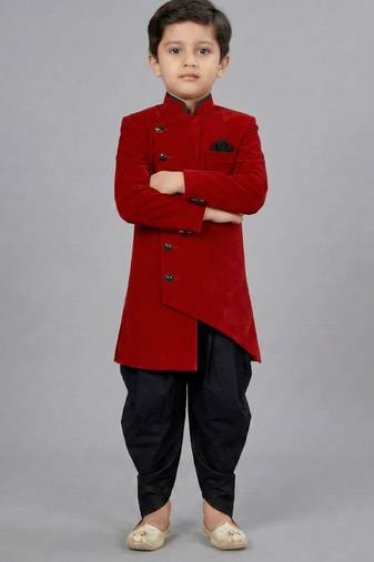 Maroon festive wear designer art dupion silk boys-indo-western-dress