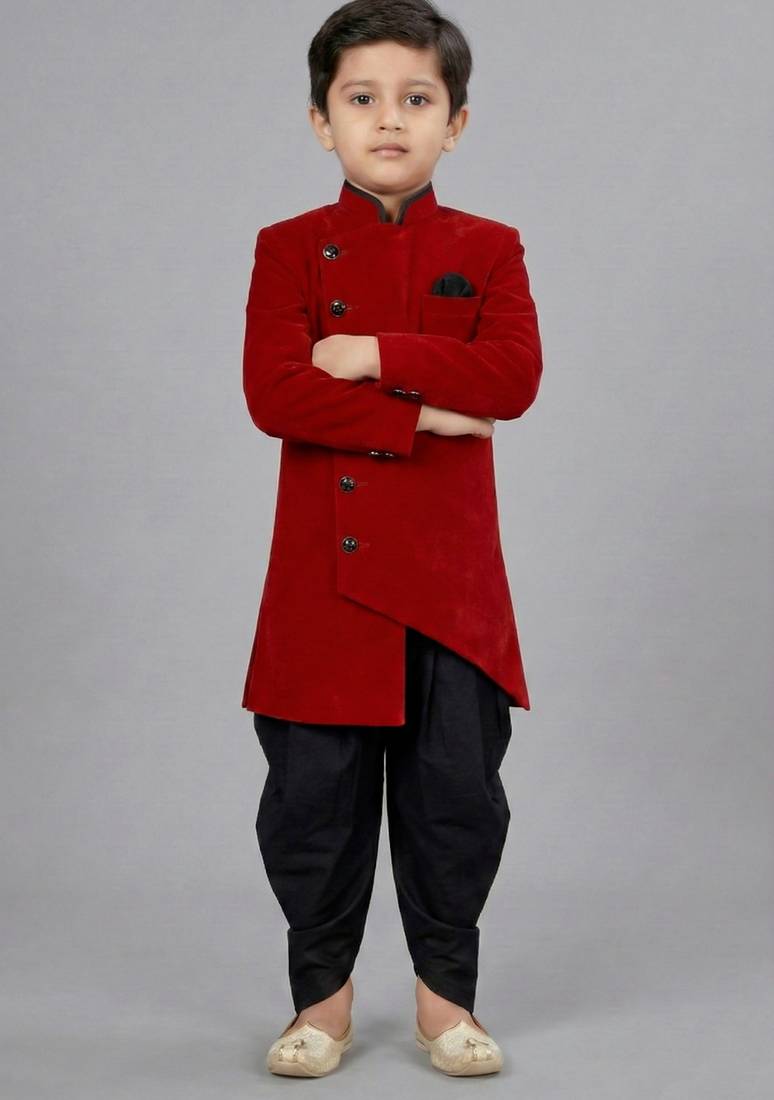 Maroon festive wear designer art dupion silk boys-indo-western-dress