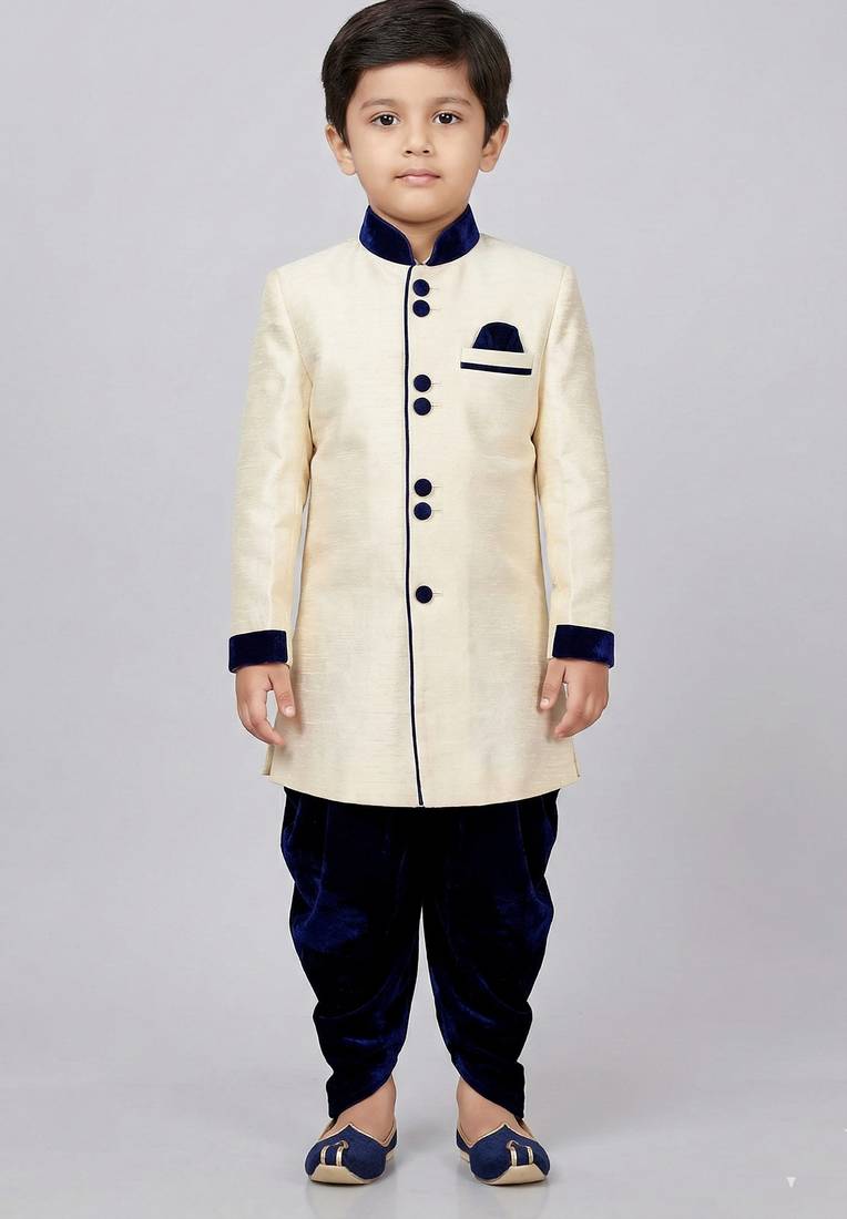 Beige festive wear designer art dupion silk boys-indo-western-dress