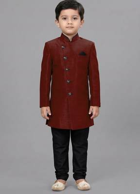 Maroon festive wear designer art dupion silk blend boys-indo-western-dress 1