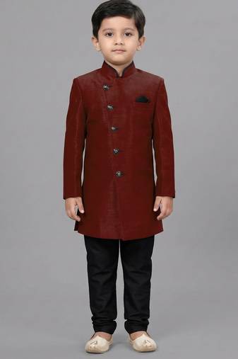 Maroon festive wear designer art dupion silk boys-indo-western-dress